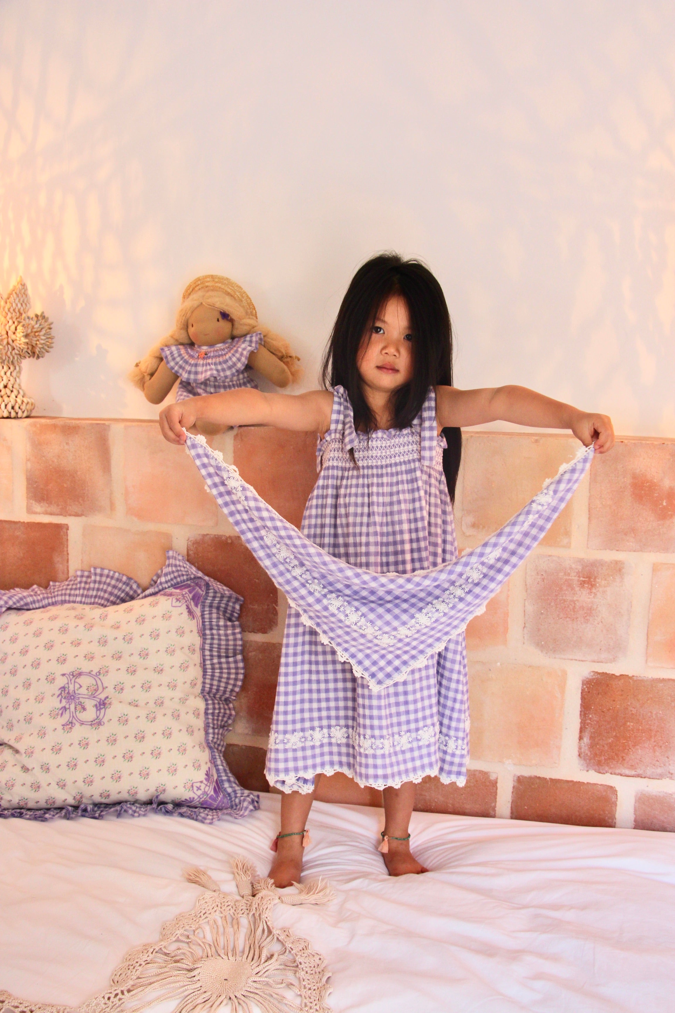 Girls Blue Check Dress & Scarf Set