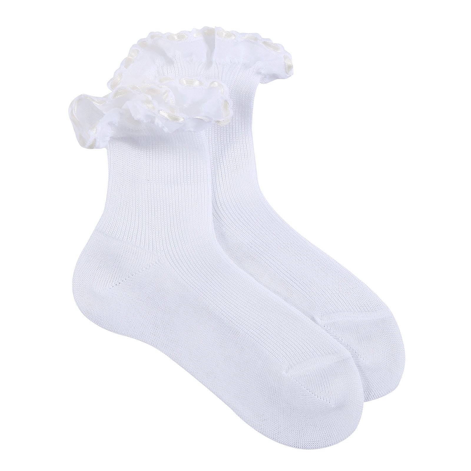 Girls White Cotton Short Socks With Ivory Strap Ankle - CÉMAROSE | Children's Fashion Store