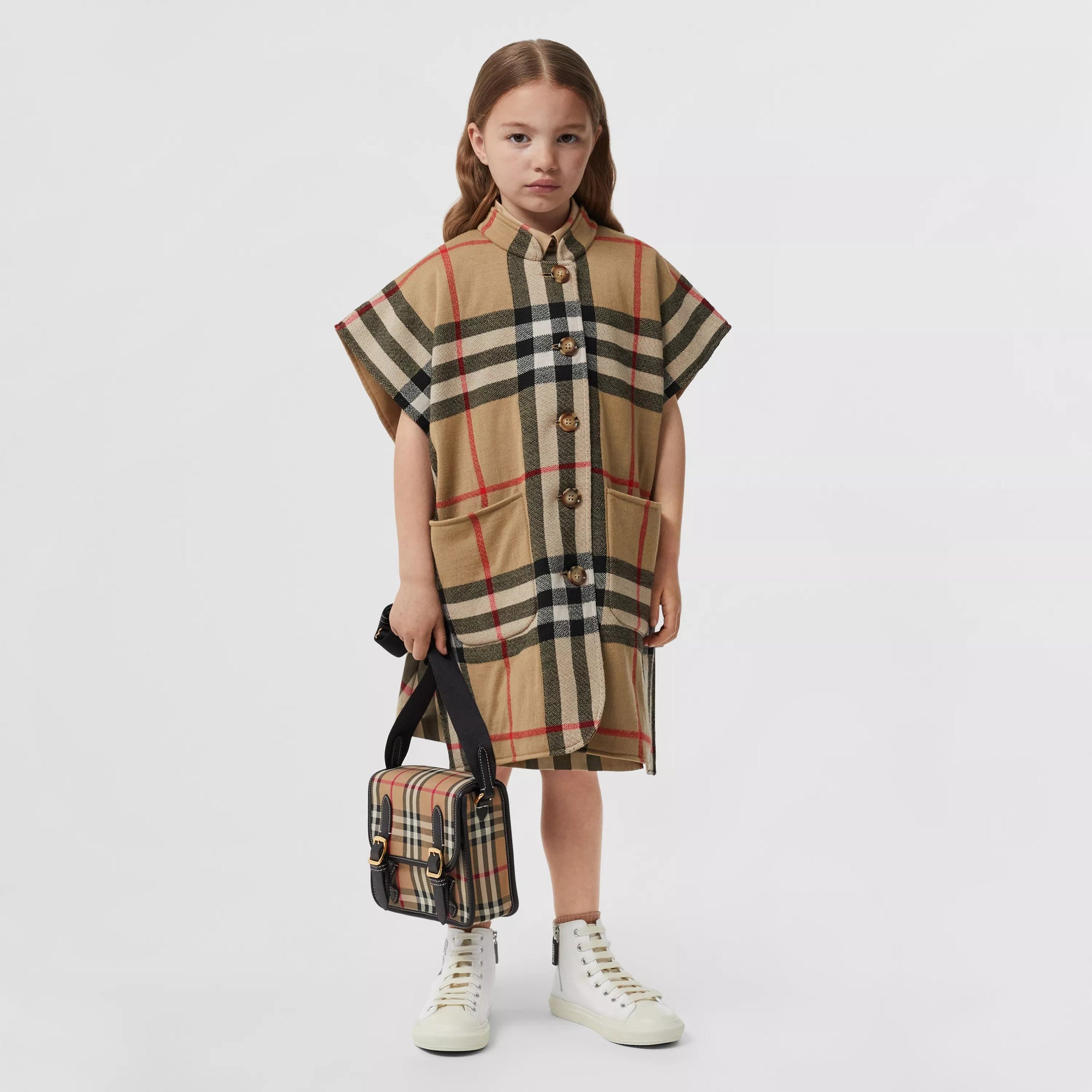 Girls Beige Check Reversible Wool Cape