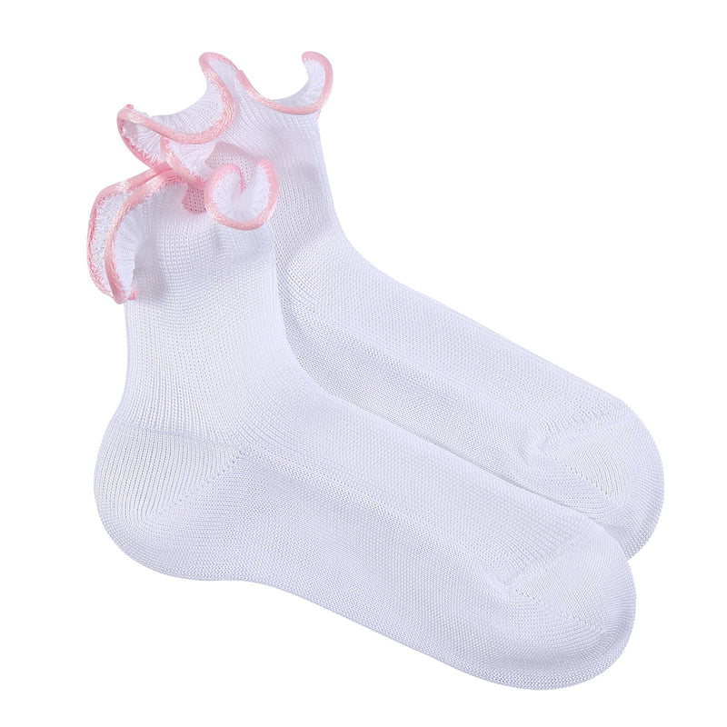Girls White Cotton Short Socks With Light Pink Lace - CÉMAROSE | Children's Fashion Store