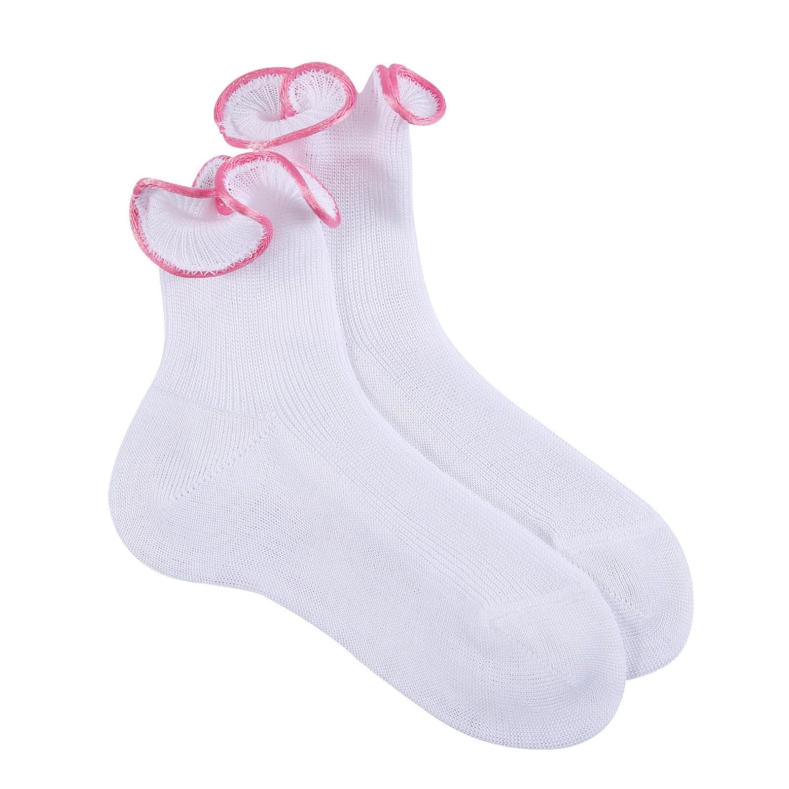 Girls White Cotton Short Socks With Fuchsia Lace - CÉMAROSE | Children's Fashion Store