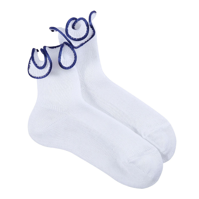 Girls White Cotton Short Socks With Blue Lace - CÉMAROSE | Children's Fashion Store