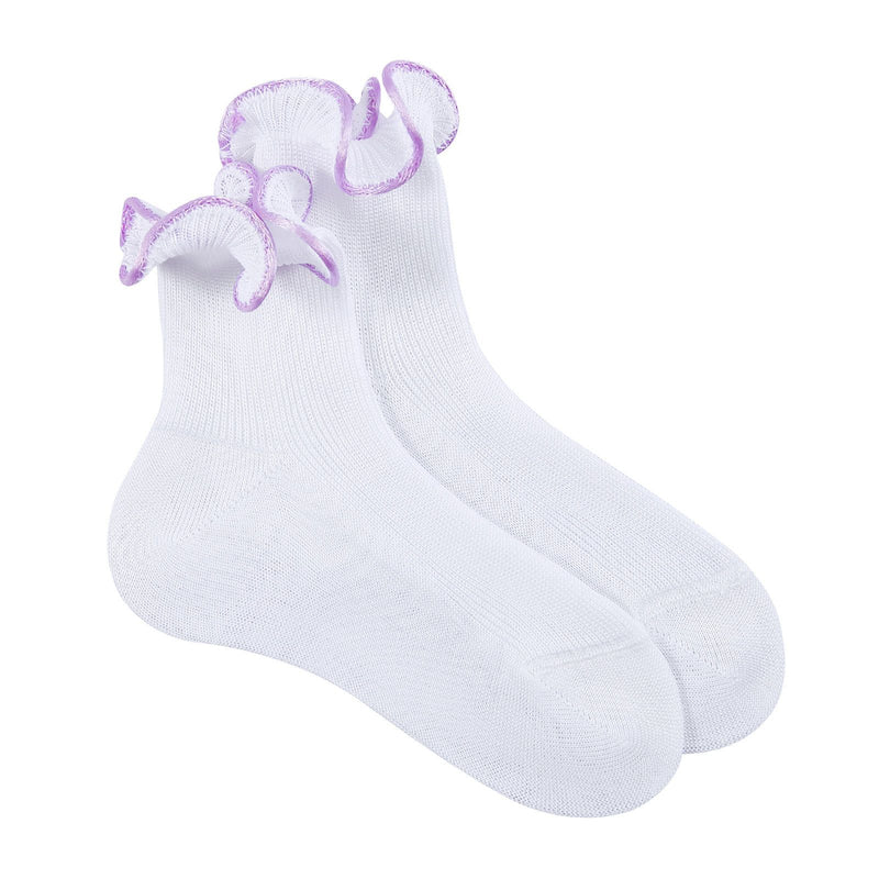 Girls White Cotton Short Socks With Purple Lace - CÉMAROSE | Children's Fashion Store