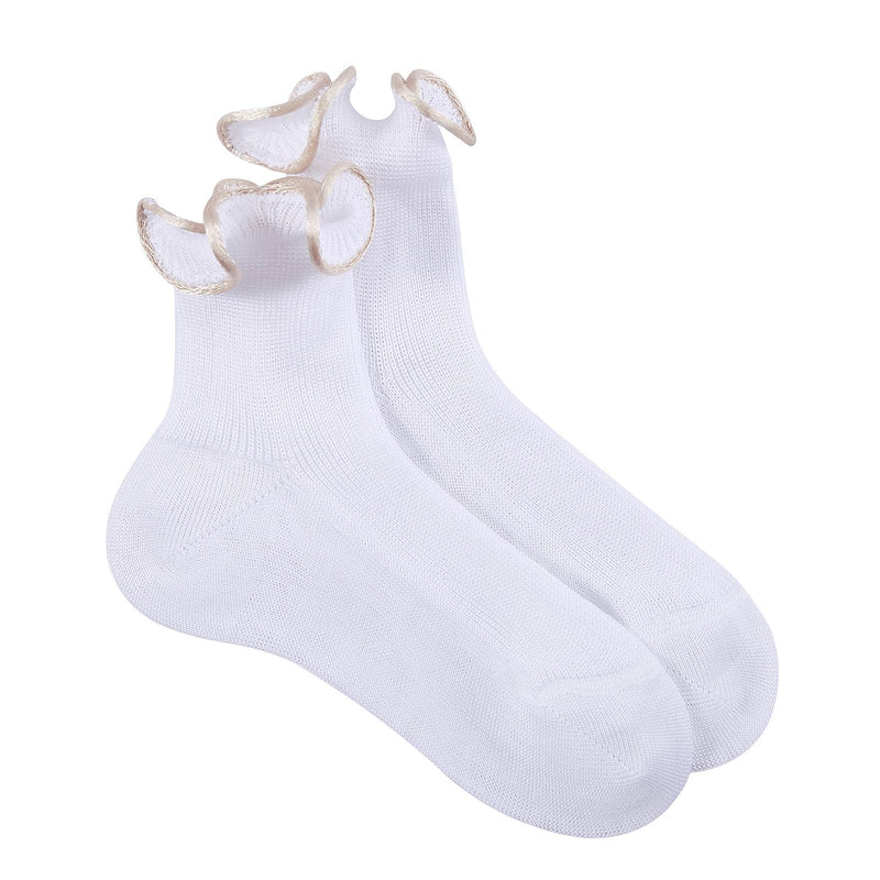 Girls White Cotton Short Socks With Gold Lace - CÉMAROSE | Children's Fashion Store