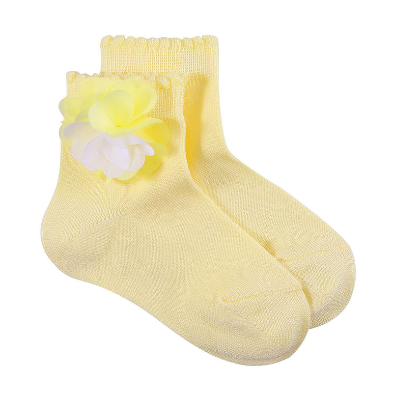 Girls Yellow Cotton Short Socks With Patch Flower Trims - CÉMAROSE | Children's Fashion Store