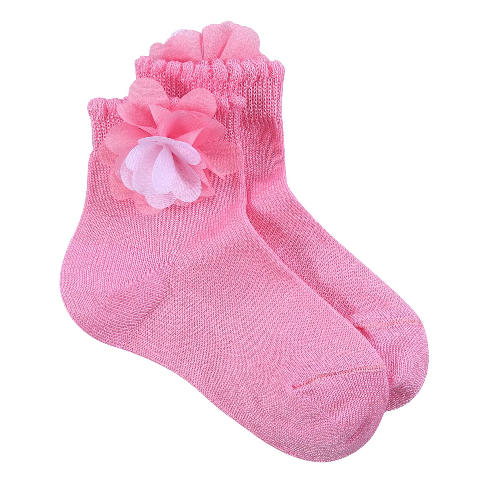 Girls Pink Cotton Short Socks With Patch Flower Trims - CÉMAROSE | Children's Fashion Store