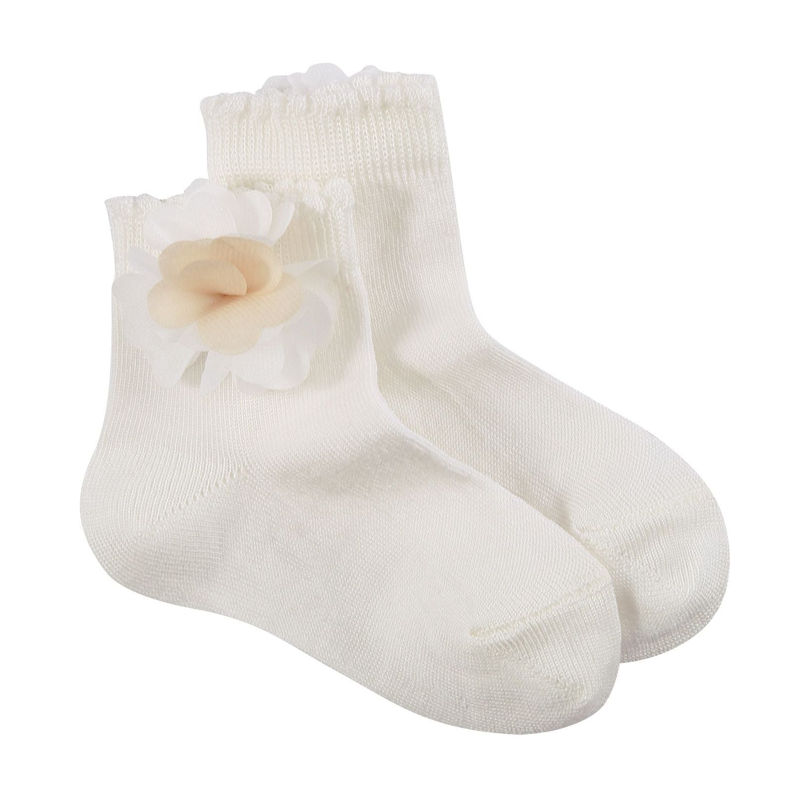 Girls Milk White Cotton Short Socks With Patch Flower Trims - CÉMAROSE | Children's Fashion Store