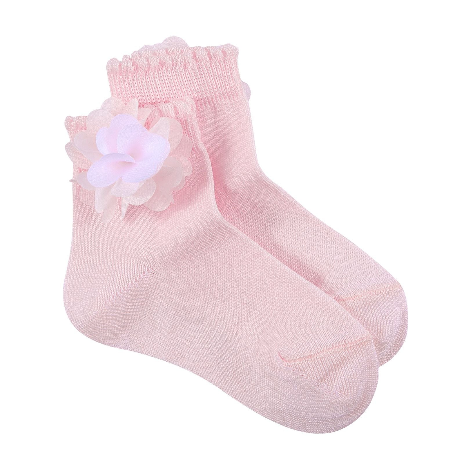 Girls Light Pink Cotton Short Socks With Patch Flower Trims - CÉMAROSE | Children's Fashion Store