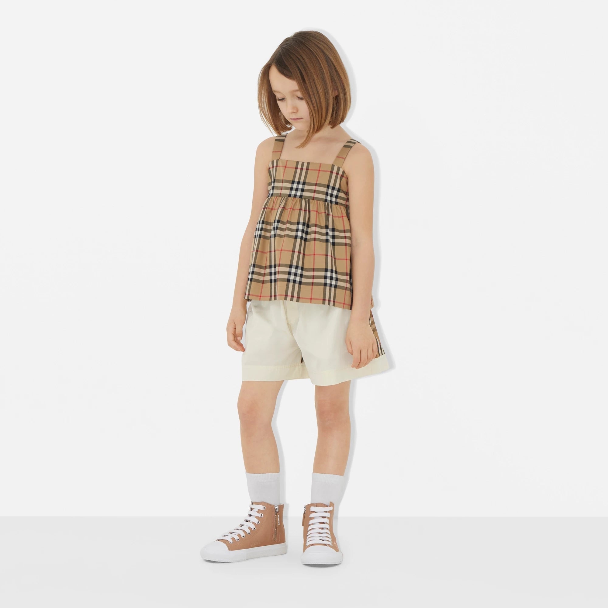 Girls Beige Check Cotton Strap Top