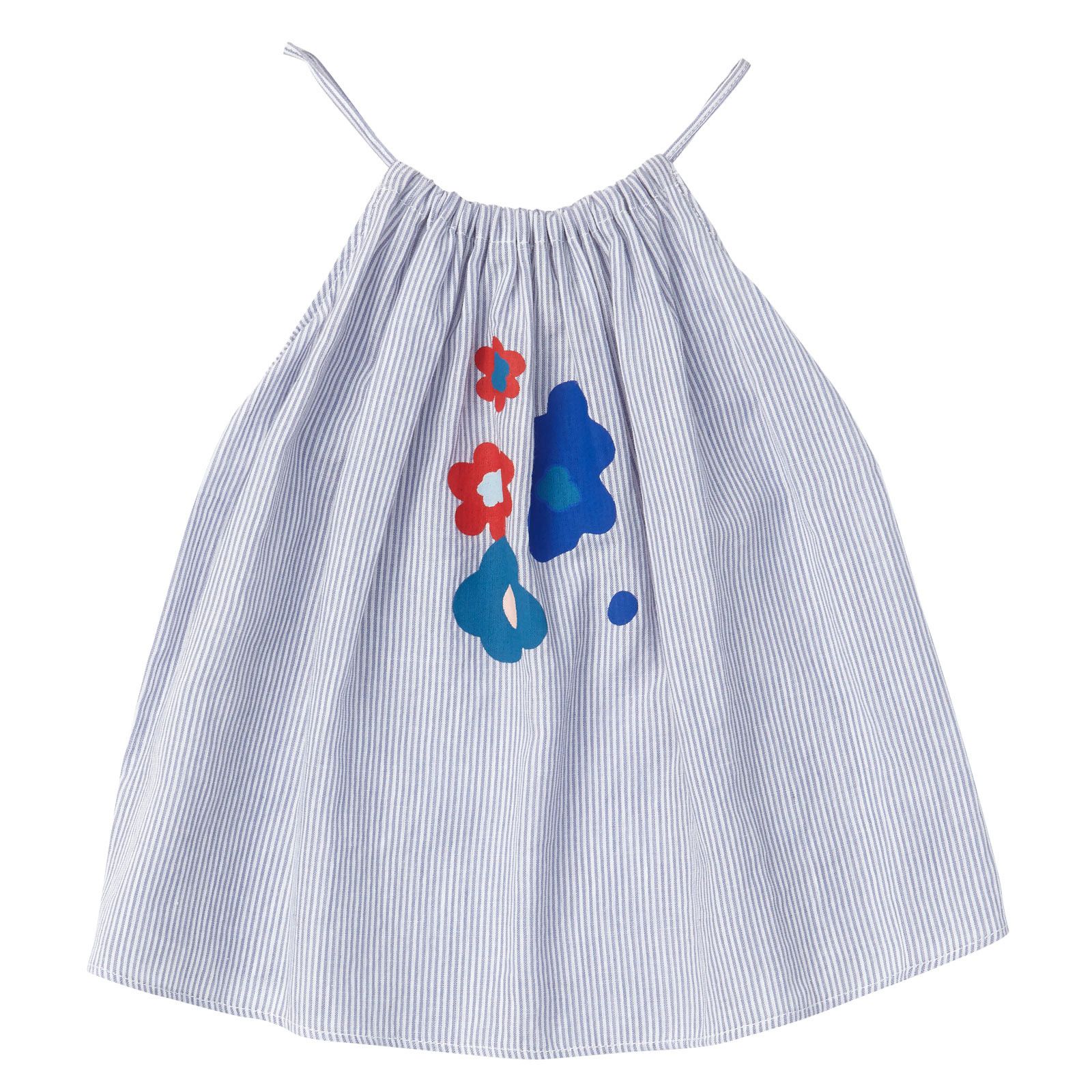 Baby Girls Blue Stripe Cotton Dress With Patch Flower Trims - CÉMAROSE | Children's Fashion Store