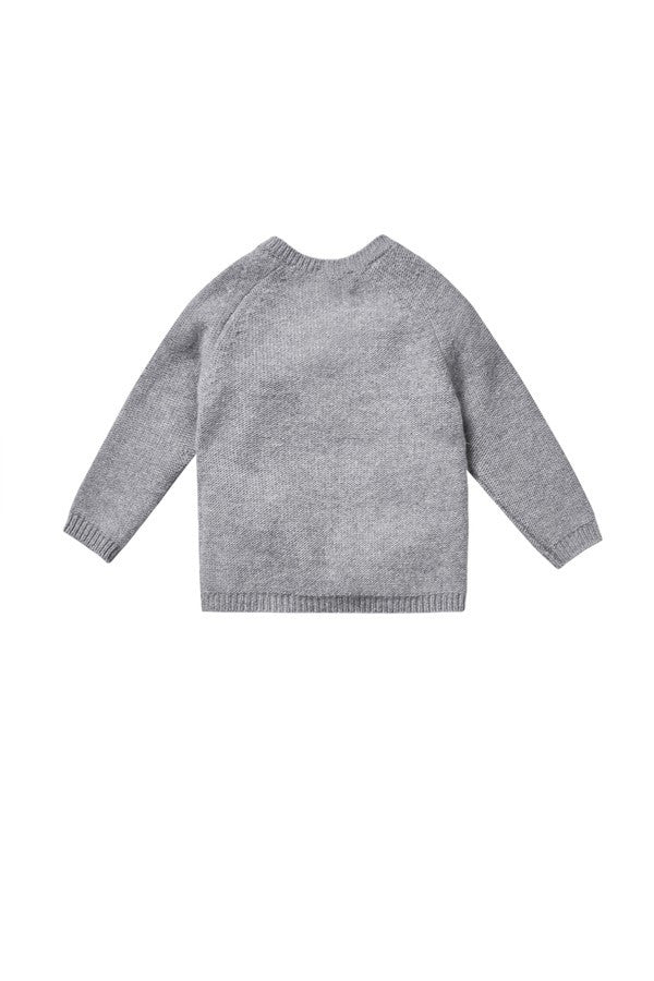 Girls Cloud Grey Wool Sweater With Quartz Pink Pom-pom Trims - CÉMAROSE | Children's Fashion Store - 2