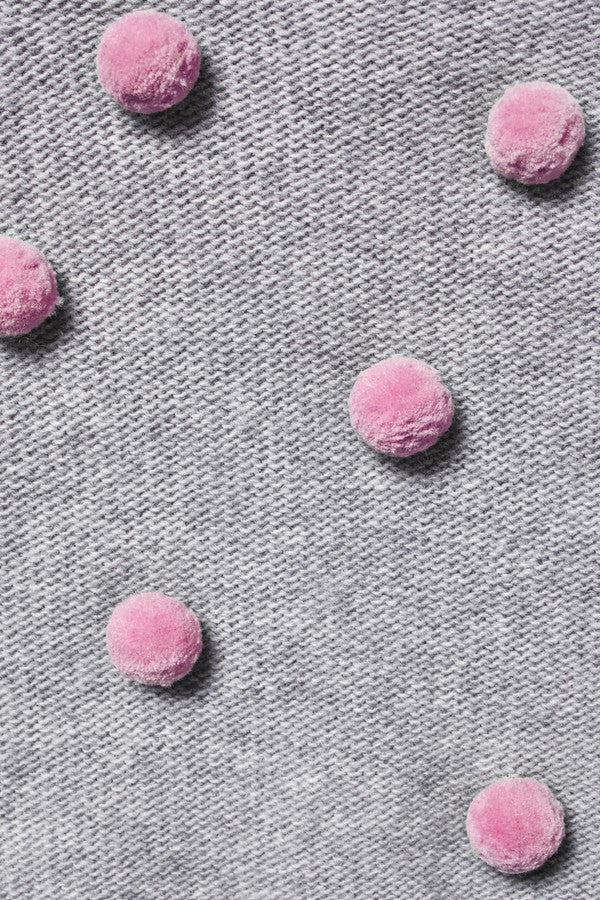 Girls Cloud Grey Wool Sweater With Quartz Pink Pom-pom Trims - CÉMAROSE | Children's Fashion Store - 3