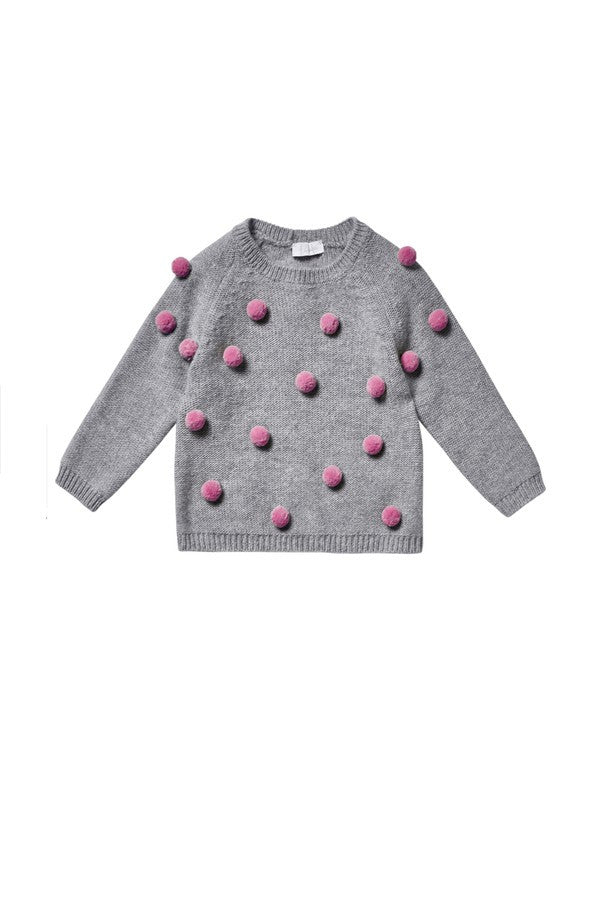 Girls Cloud Grey Wool Sweater With Quartz Pink Pom-pom Trims - CÉMAROSE | Children's Fashion Store - 1