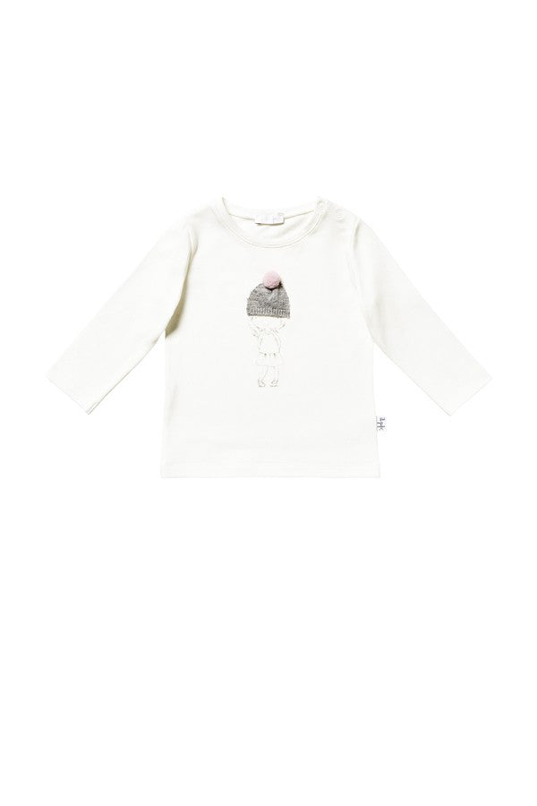 Baby Girls Milk White Cotton T-Shirt With Quartz Pink Pom-pom - CÉMAROSE | Children's Fashion Store - 1