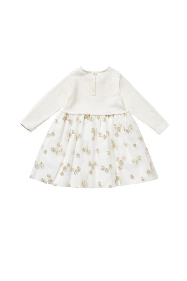 Baby Girls Milk White Wool Dress With Gold Patch Flower Trims - CÉMAROSE | Children's Fashion Store - 2