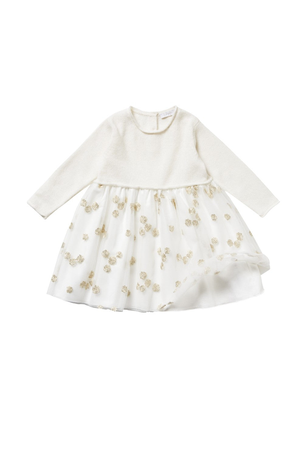 Baby Girls Milk White Wool Dress With Gold Patch Flower Trims - CÉMAROSE | Children's Fashion Store - 3