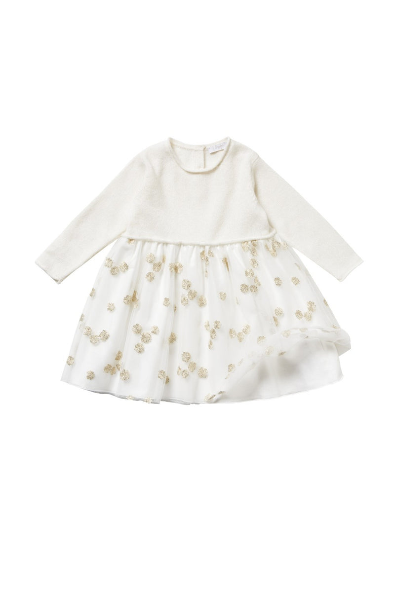 Baby Girls Milk White Wool Dress With Gold Patch Flower Trims - CÉMAROSE | Children's Fashion Store - 3