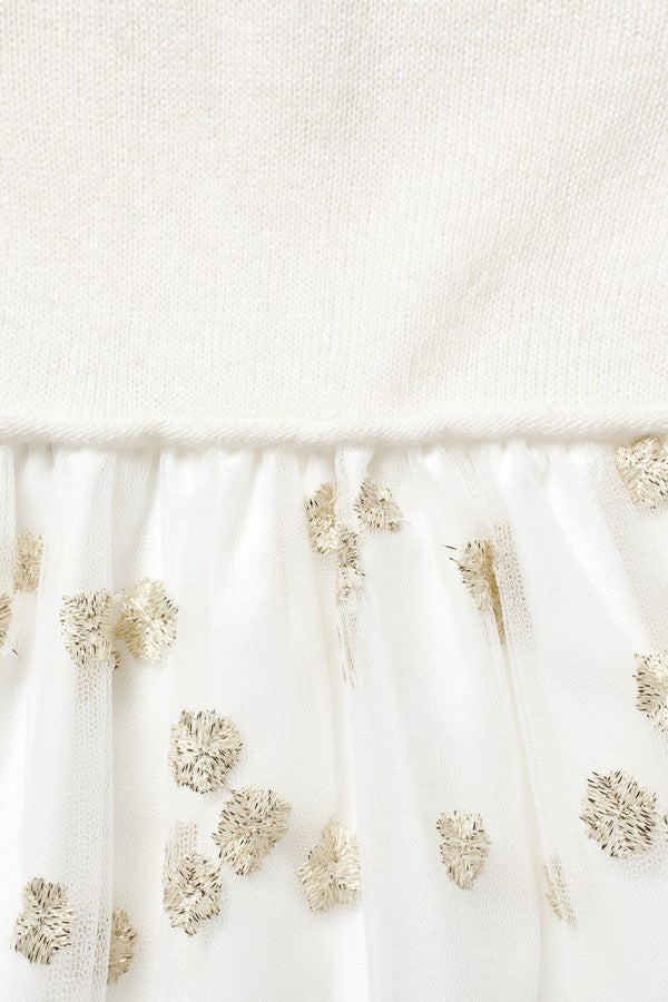 Baby Girls Milk White Wool Dress With Gold Patch Flower Trims - CÉMAROSE | Children's Fashion Store - 4
