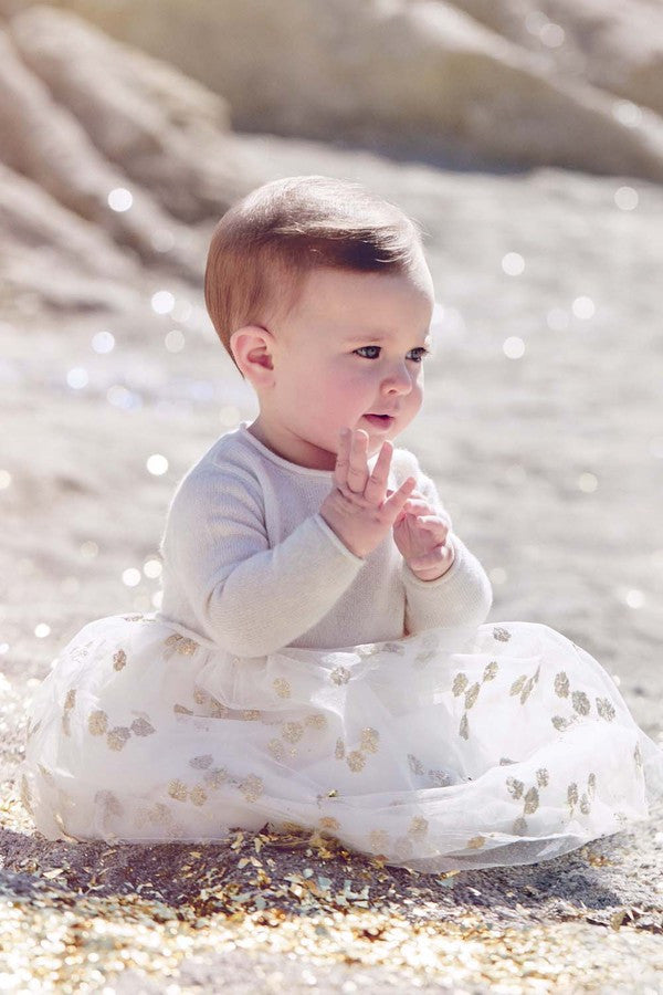 Baby Girls Milk White Wool Dress With Gold Patch Flower Trims - CÉMAROSE | Children's Fashion Store - 5