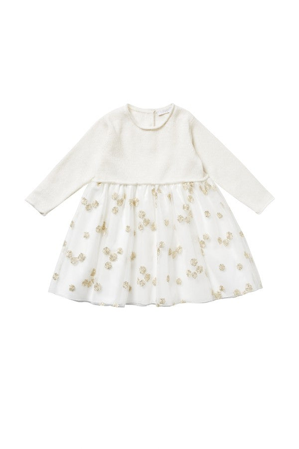 Baby Girls Milk White Wool Dress With Gold Patch Flower Trims - CÉMAROSE | Children's Fashion Store - 1