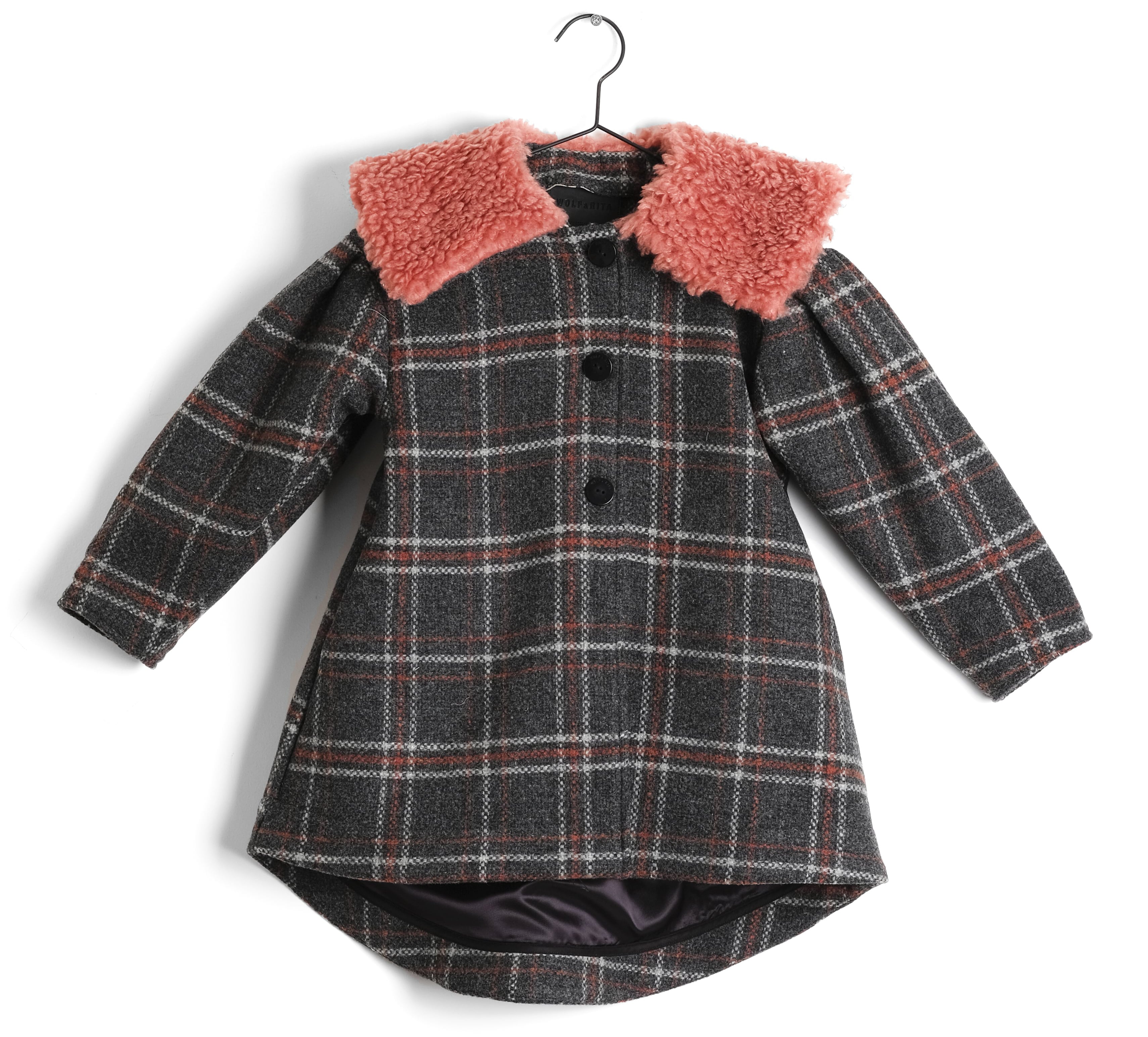 Girls Grey Check Pleated Back Wool Coat