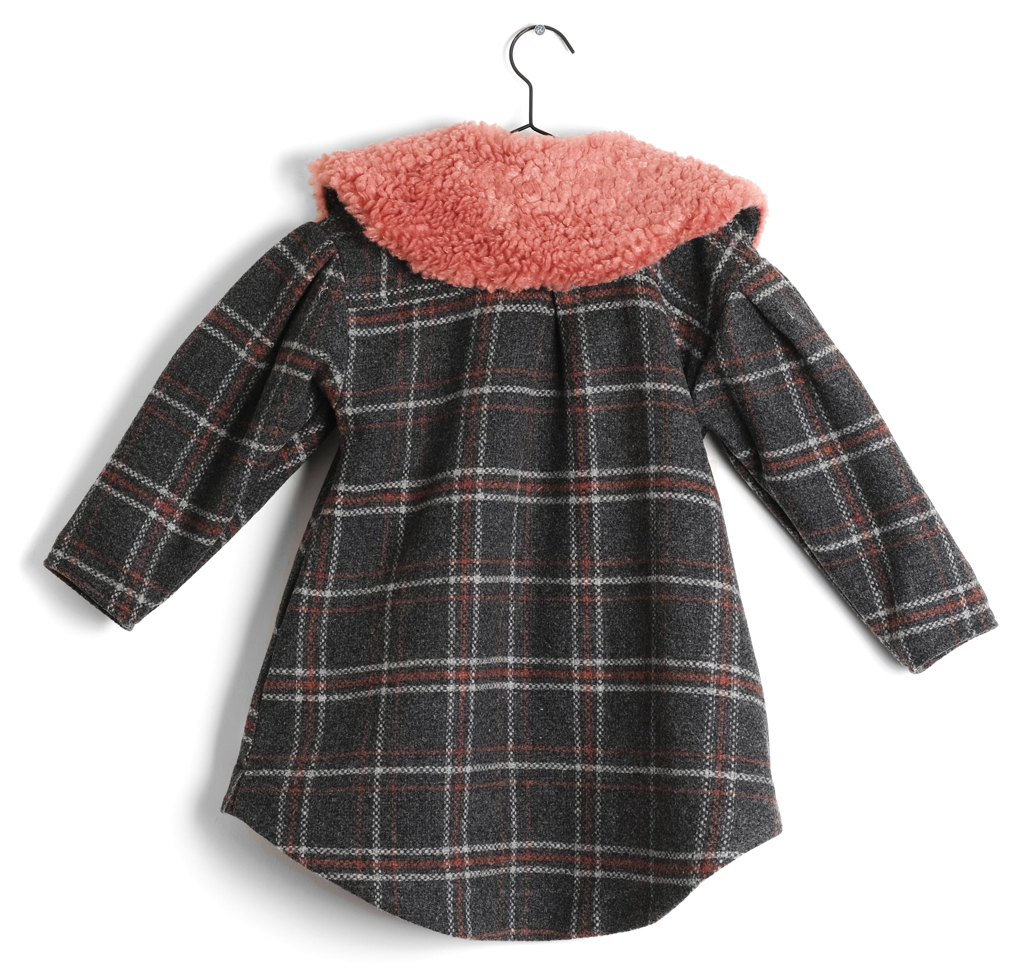 Girls Grey Check Pleated Back Wool Coat