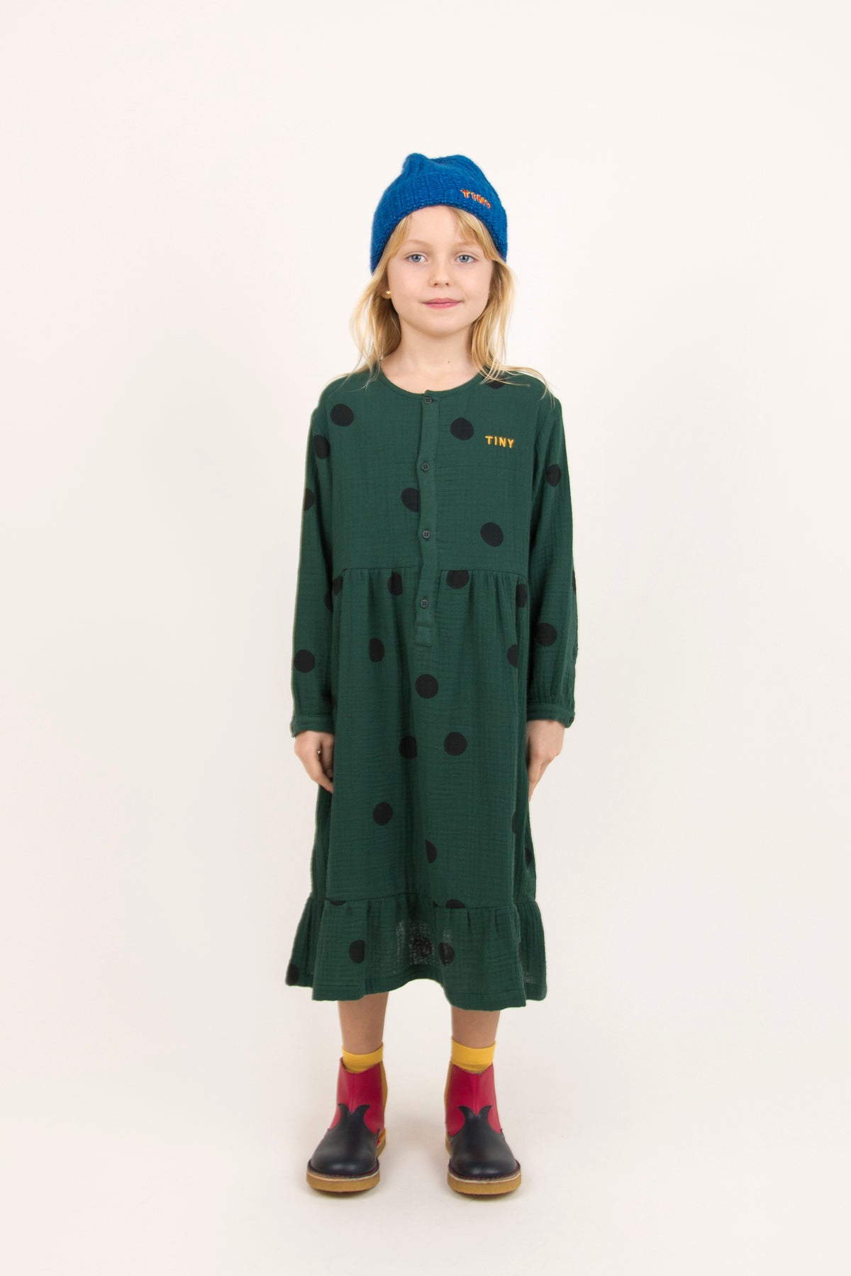Girls Dark Green Dots Cotton Dress