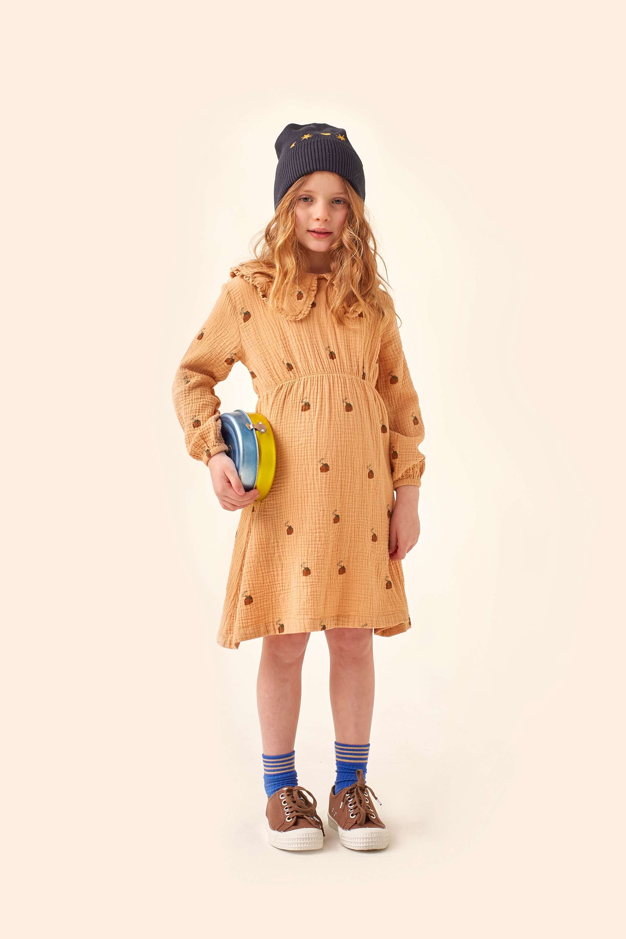 Girls Brown Printed Cotton Dress