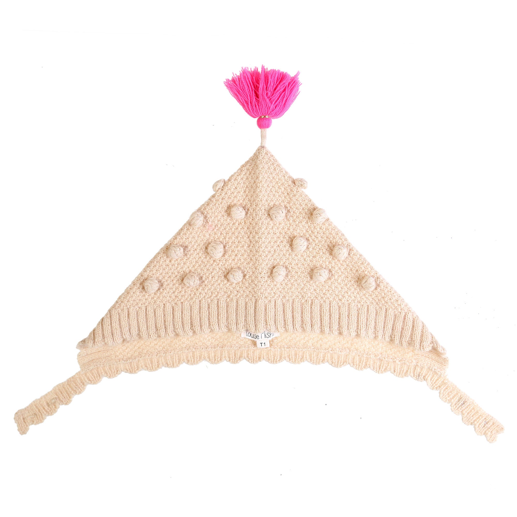 Girls Beige Tassel Trims Knitted Cotton 'Kira'Bonnet - CÉMAROSE | Children's Fashion Store - 1