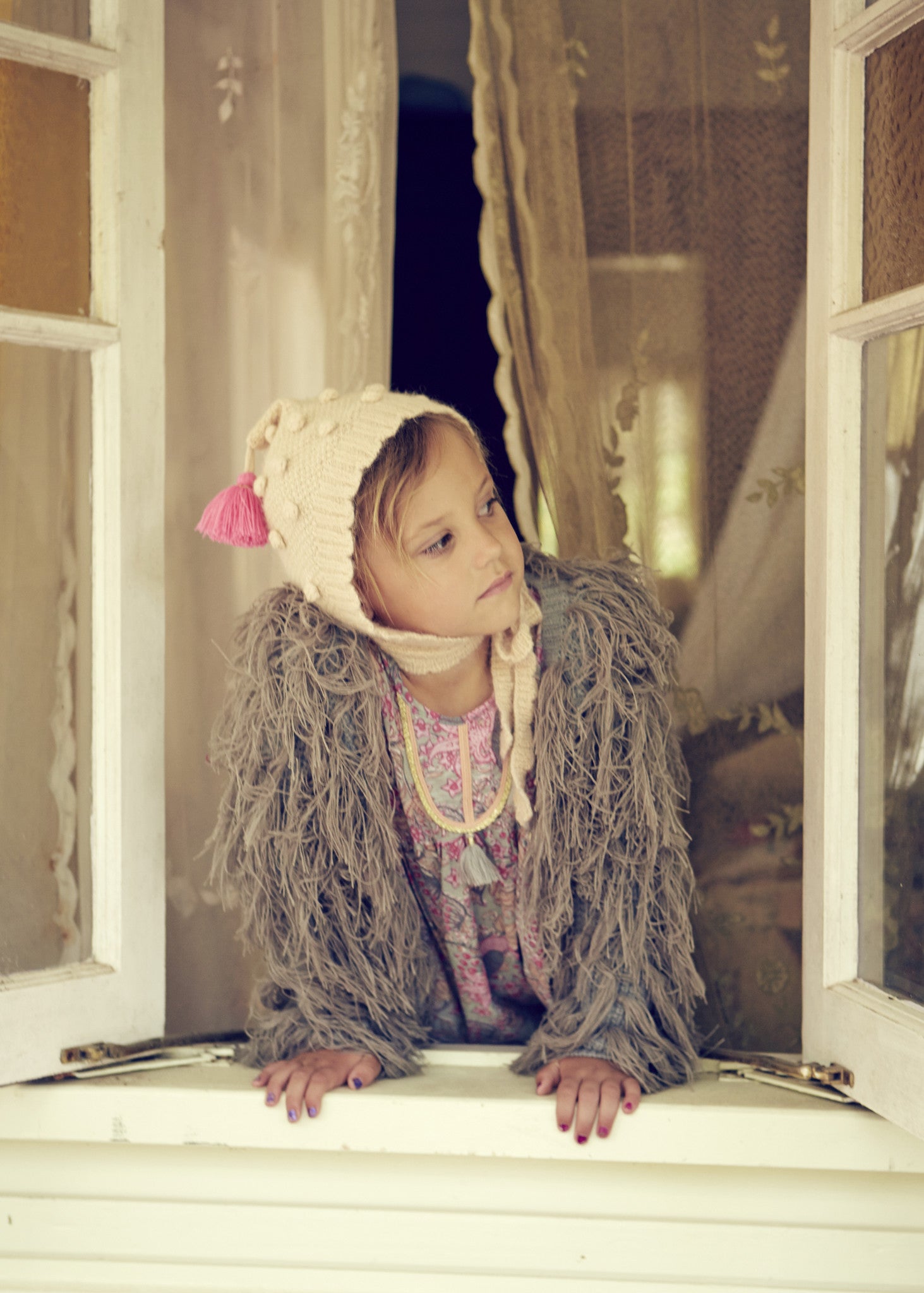Girls Beige Tassel Trims Knitted Cotton 'Kira'Bonnet - CÉMAROSE | Children's Fashion Store - 2