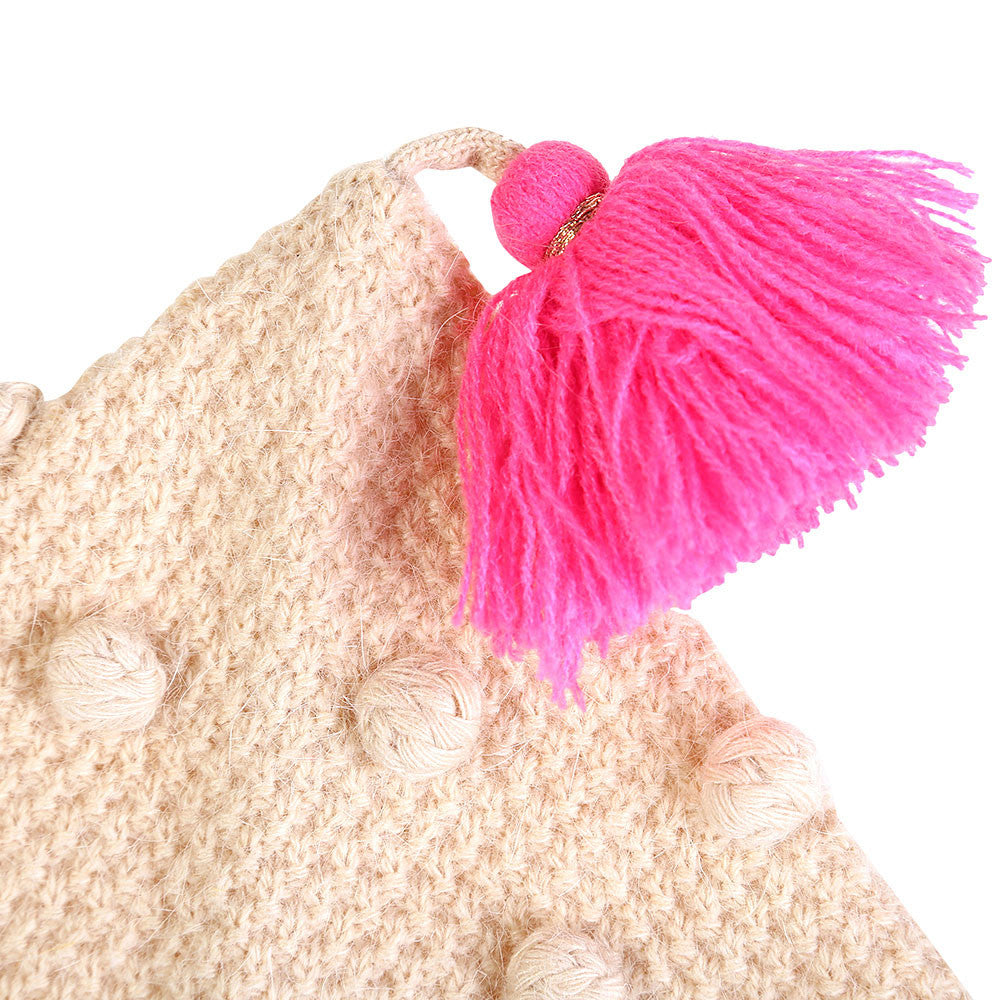 Girls Beige Tassel Trims Knitted Cotton 'Kira'Bonnet - CÉMAROSE | Children's Fashion Store - 3