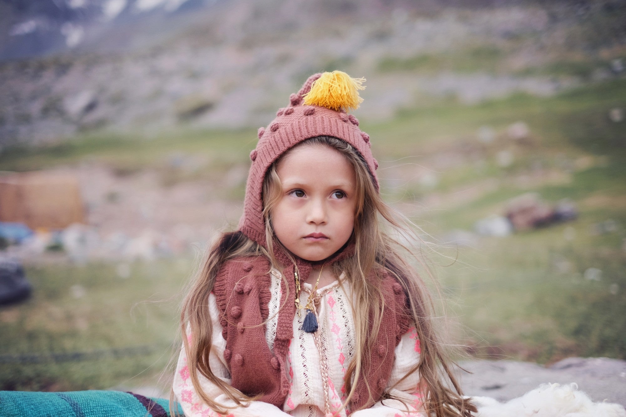Girls Dark Red Tassel Trims Knitted Cotton 'Kira'Bonnet - CÉMAROSE | Children's Fashion Store - 2
