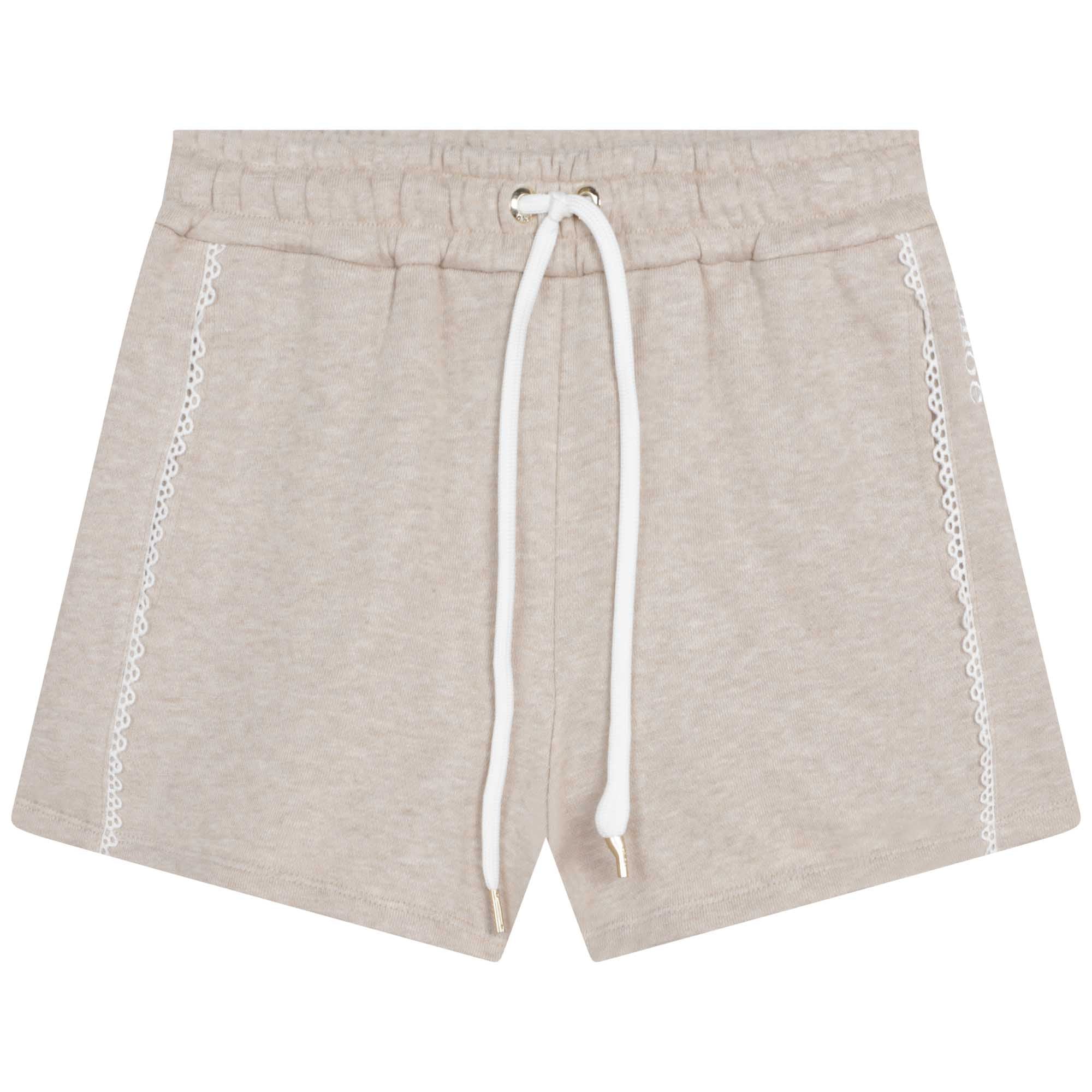 Girls Beige Logo Cotton Shorts