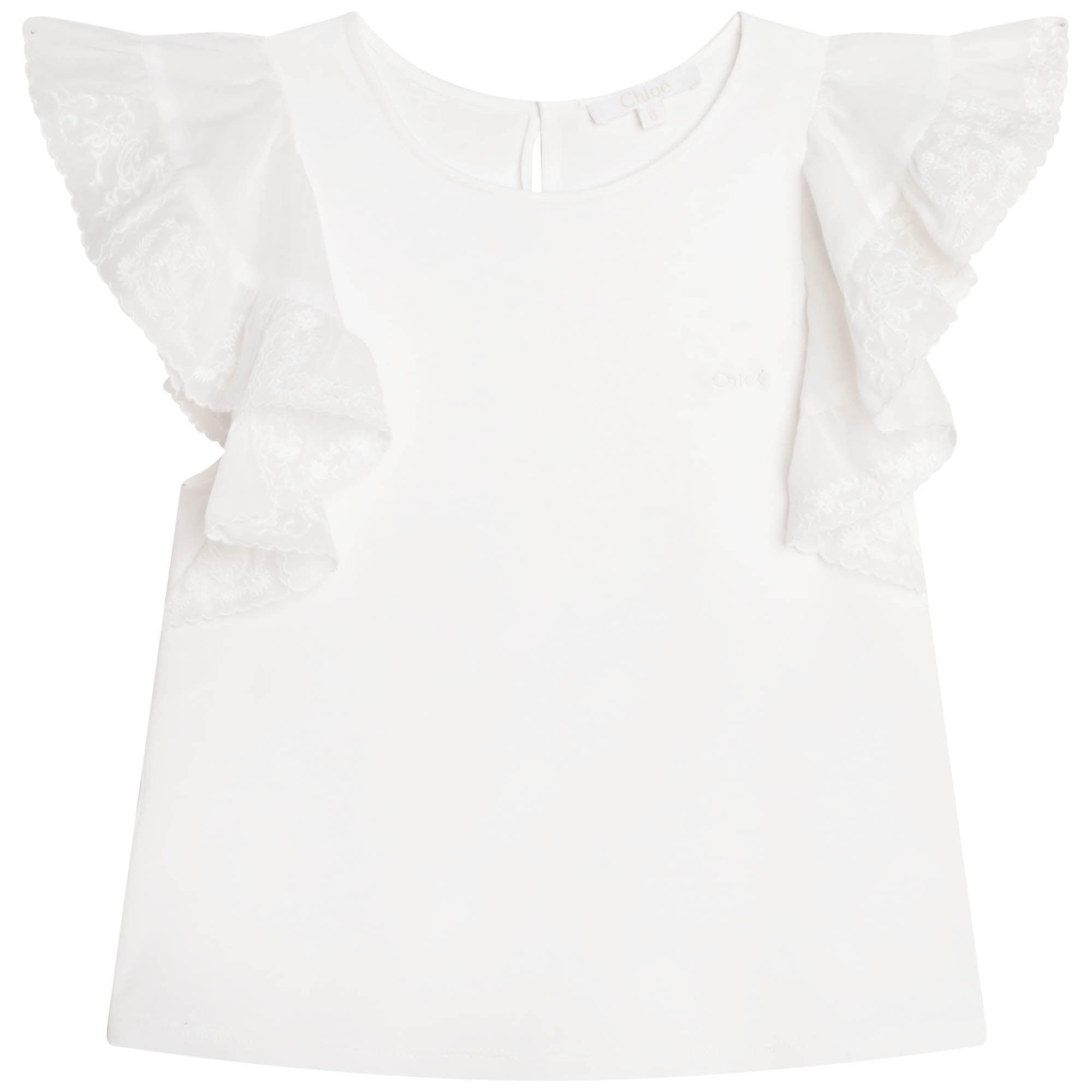 Girls White Ruffled Cotton T-Shirt