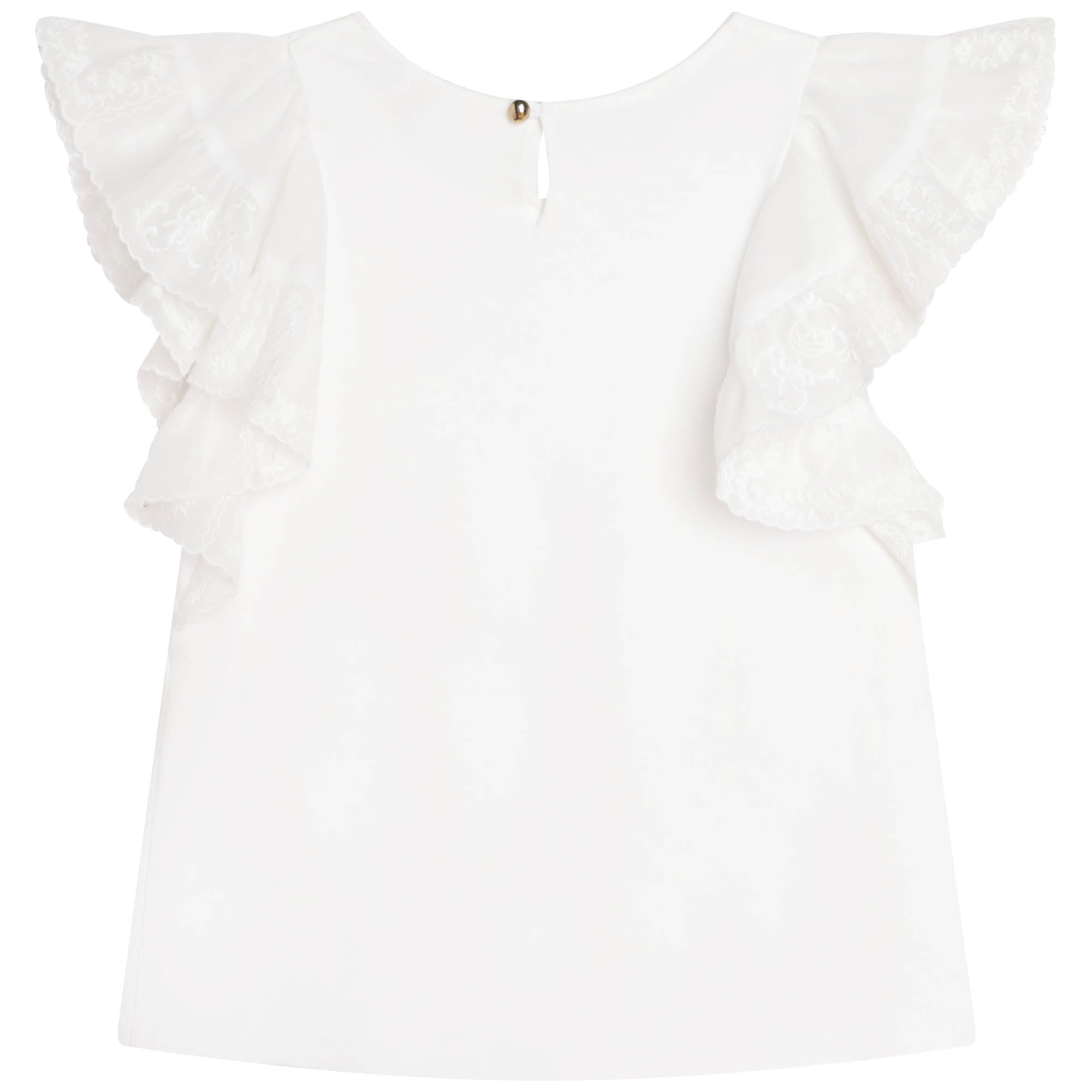 Girls White Ruffled Cotton T-Shirt