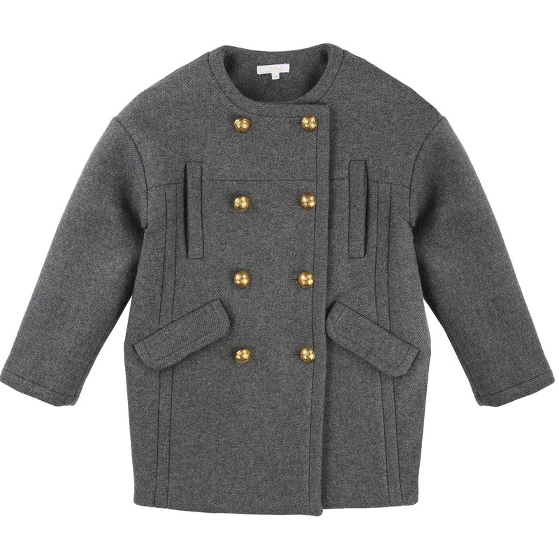 Girls Dark Grey Collarless Wool Coat - CÉMAROSE | Children's Fashion Store - 1