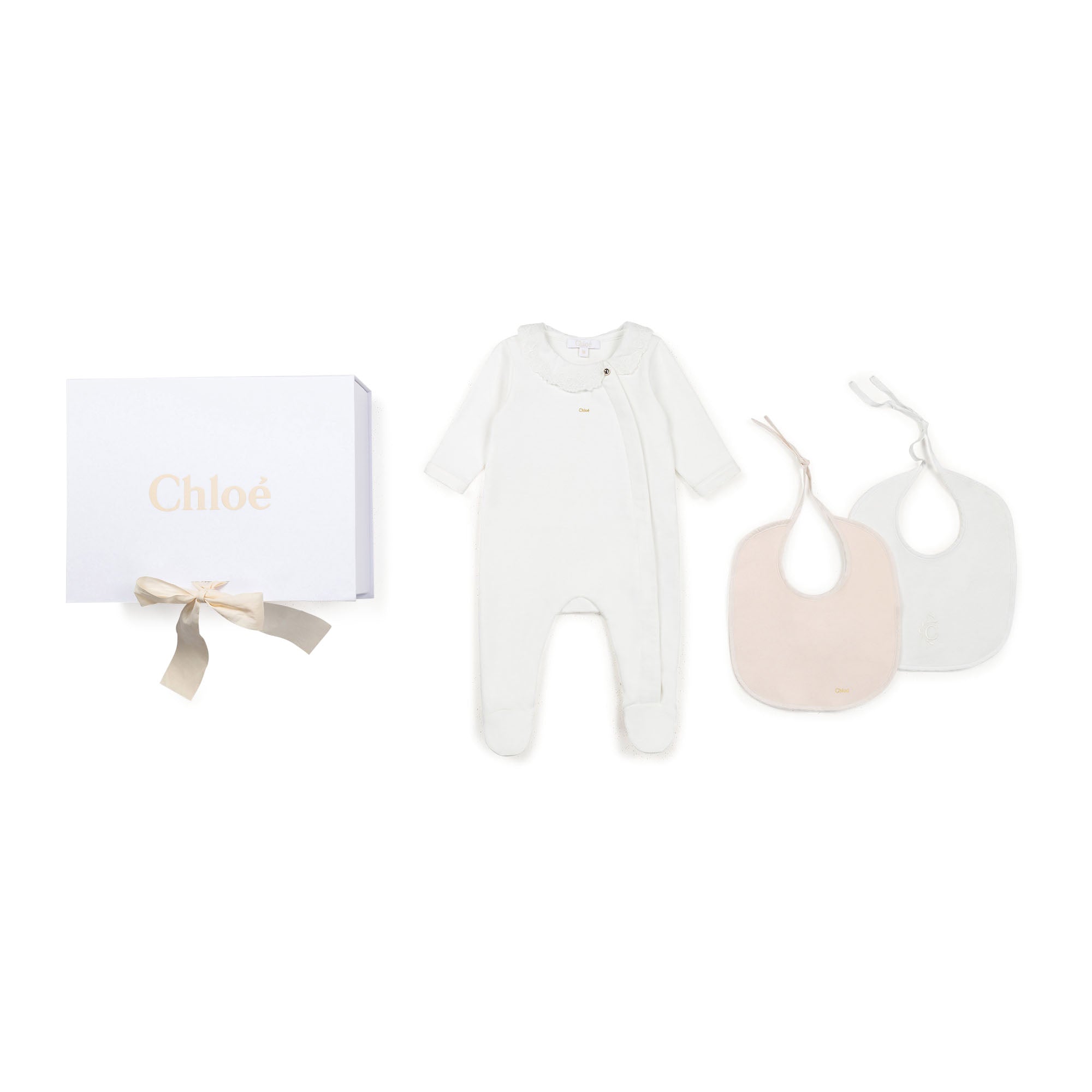 Baby Girls White Cotton Babysuit & Bibs Set
