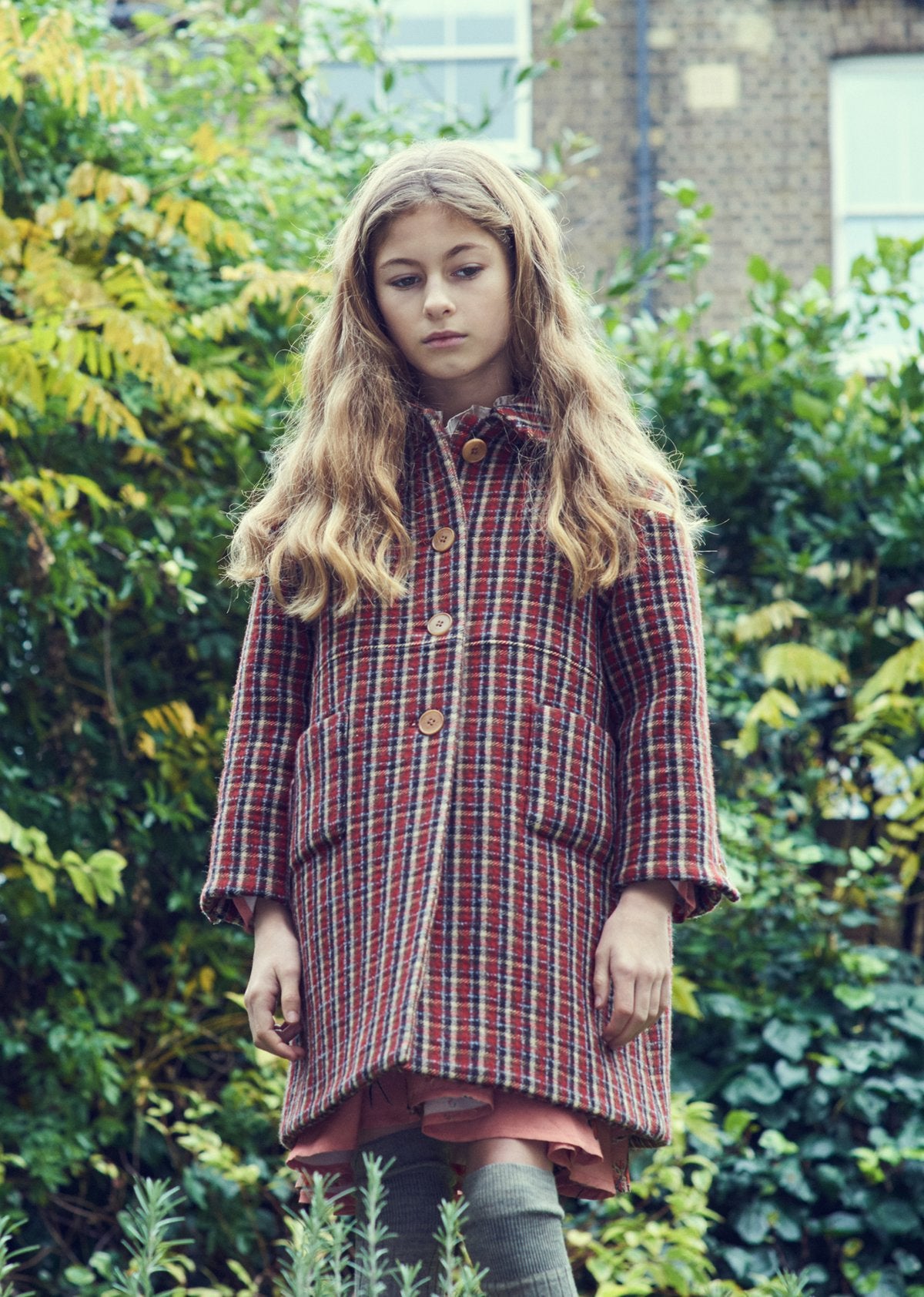 Girls Red Check Wool Coat