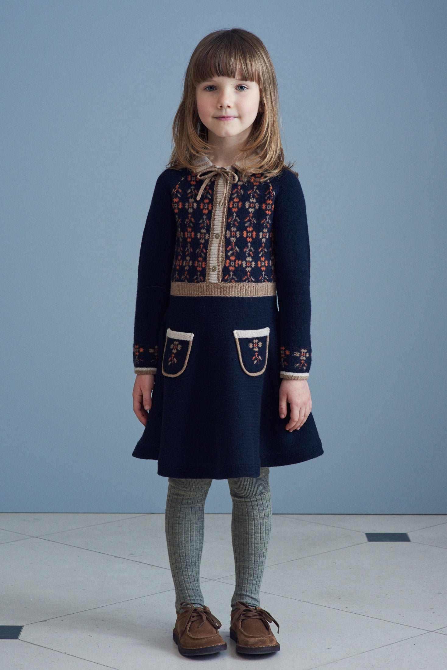 Girls Navy Embroidered Wool Dress
