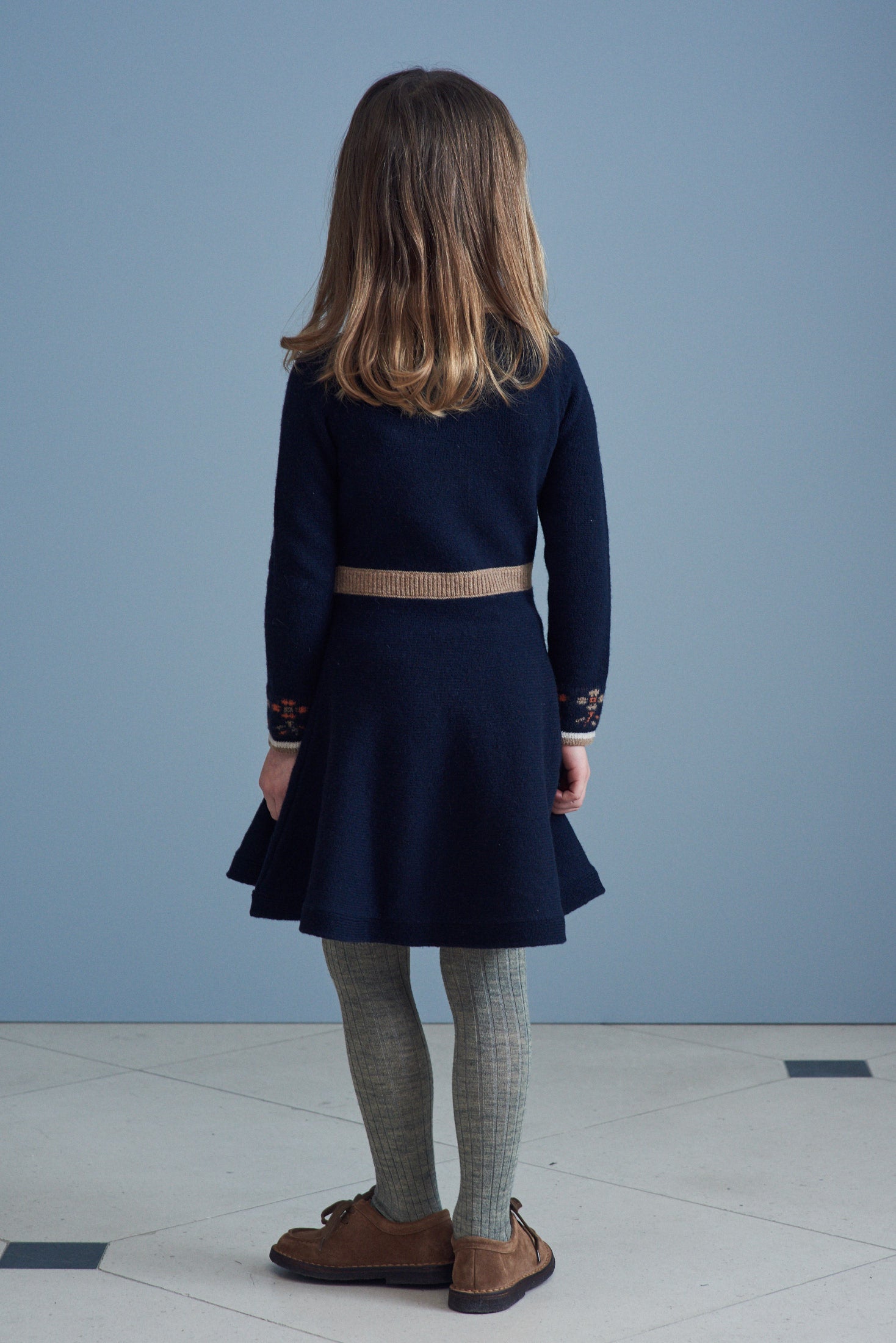 Girls Navy Embroidered Wool Dress