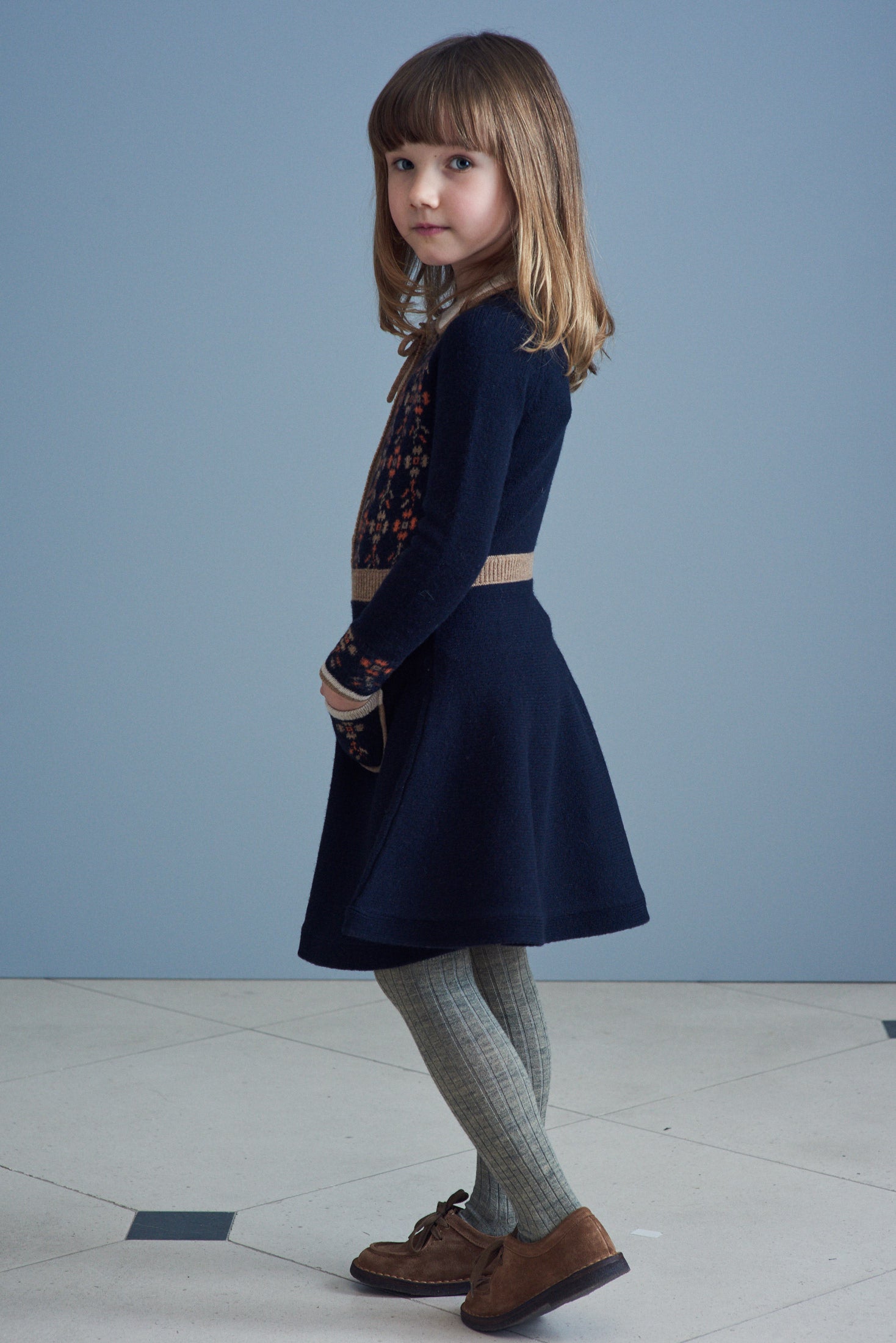 Girls Navy Embroidered Wool Dress