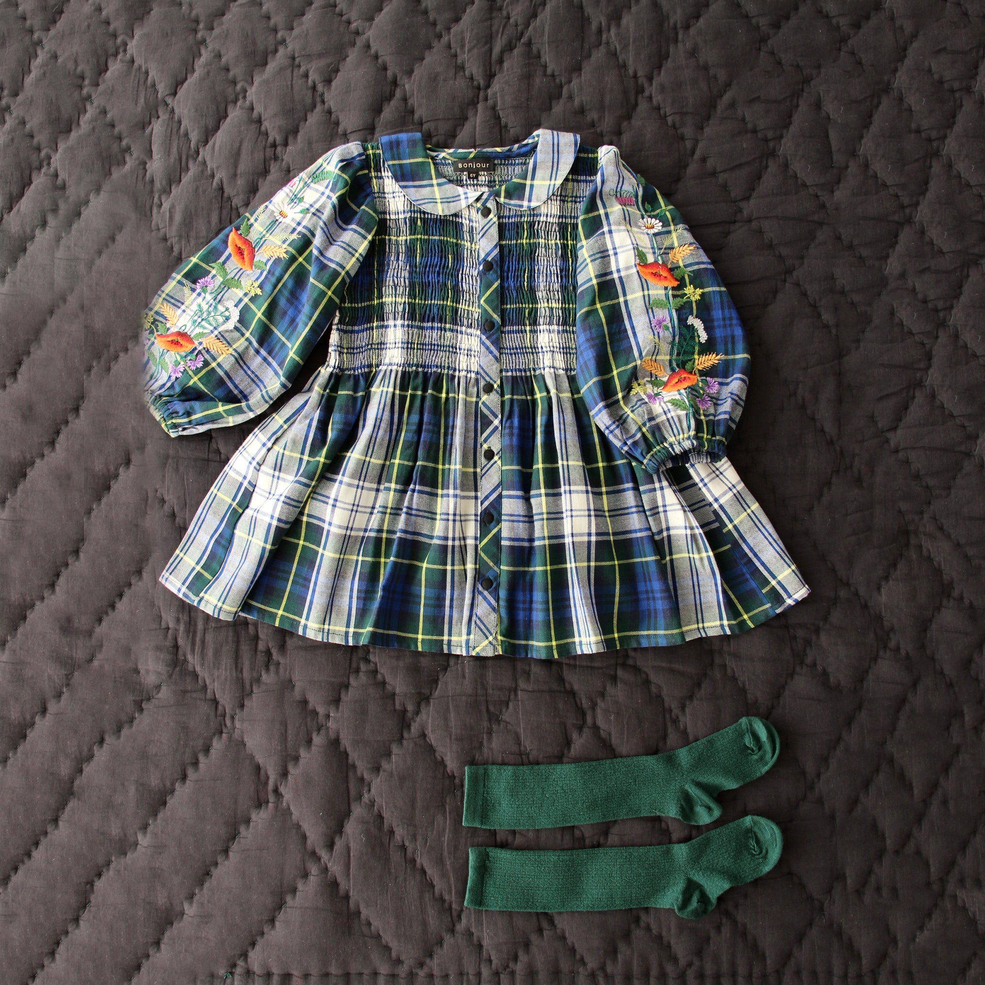 Girls Green Check Embroidered Cotton Top