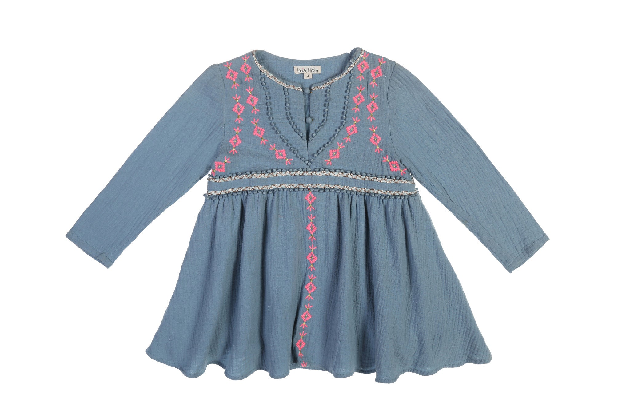 Girls Light Blue Embroidered Trims Cotton 'Kaja' Dress - CÉMAROSE | Children's Fashion Store - 1