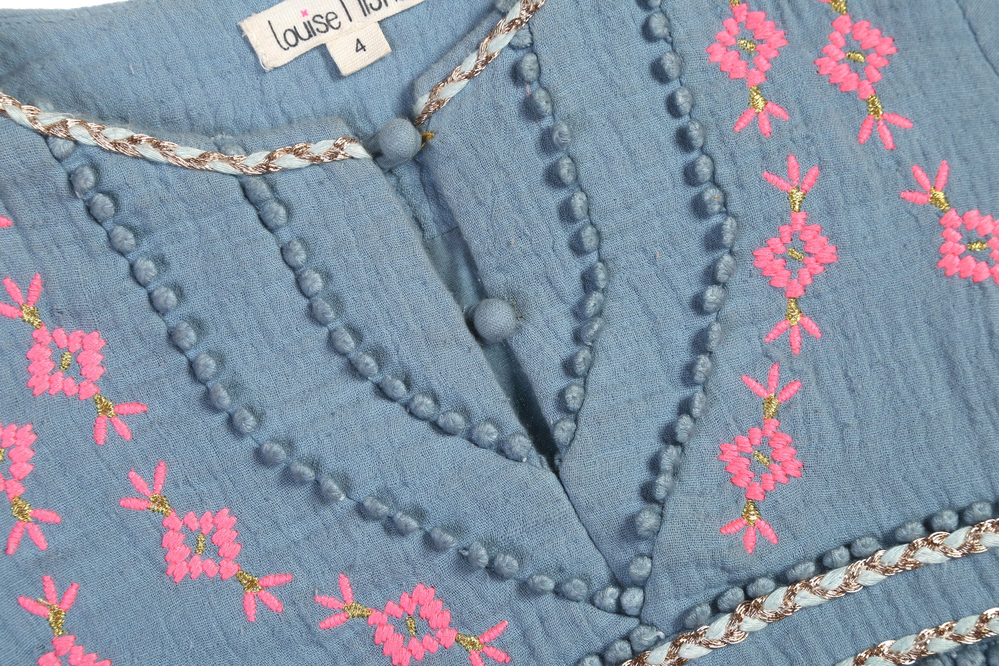 Girls Light Blue Embroidered Trims Cotton 'Kaja' Dress - CÉMAROSE | Children's Fashion Store - 3