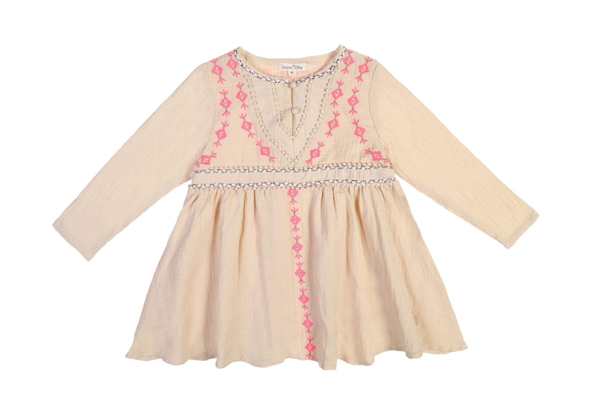 Girls Beige Embroidered Trims Cotton 'Kaja' Dress - CÉMAROSE | Children's Fashion Store - 1