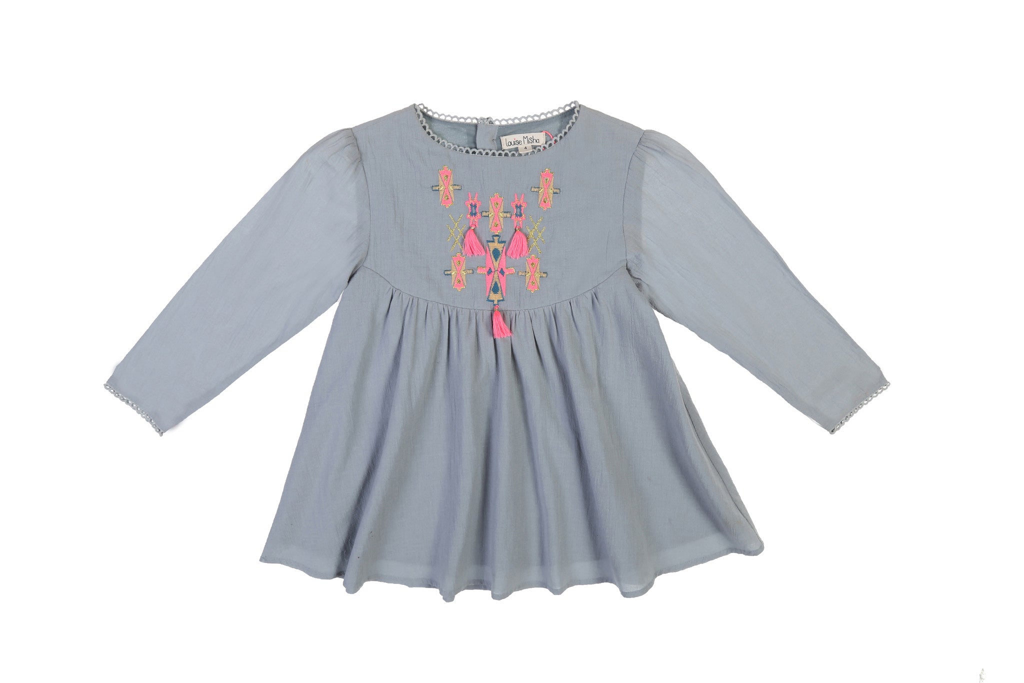 Girls Light Grey Embroidered Trims Cotton 'Mujine' Dress - CÉMAROSE | Children's Fashion Store - 1
