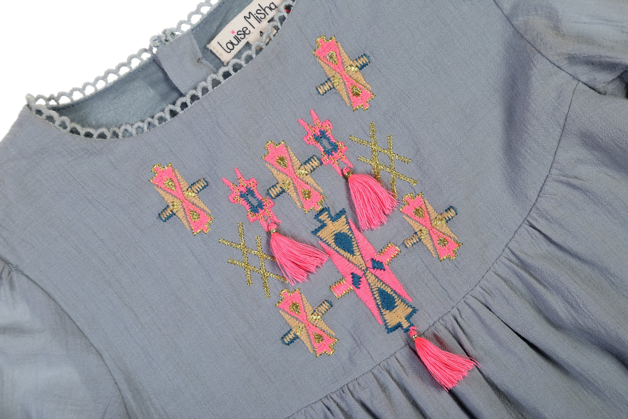 Girls Light Grey Embroidered Trims Cotton 'Mujine' Dress - CÉMAROSE | Children's Fashion Store - 3