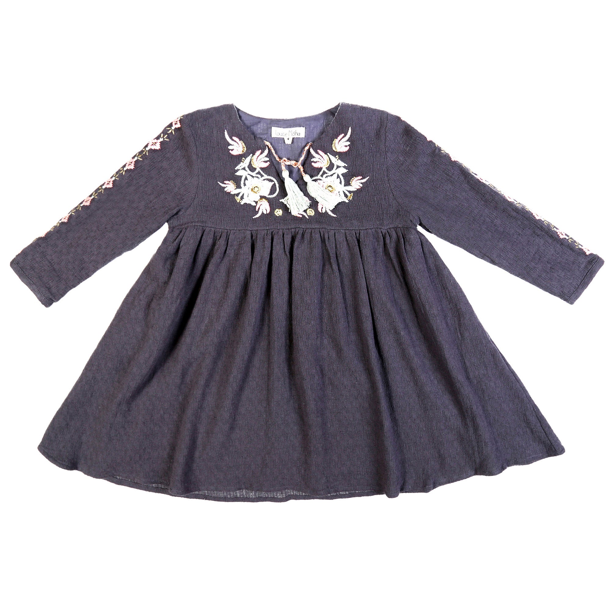 Girls Dark Grey Embroidered Trims Cotton 'Nadechka' Dress - CÉMAROSE | Children's Fashion Store - 1