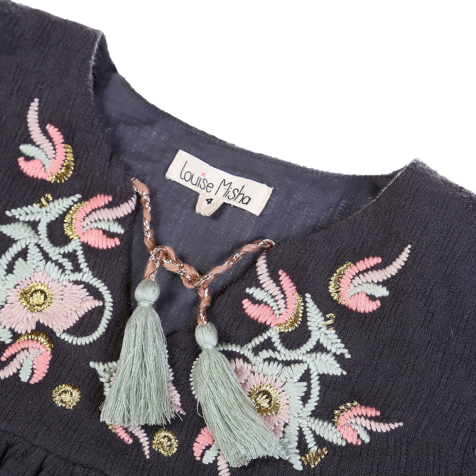 Girls Dark Grey Embroidered Trims Cotton 'Nadechka' Dress - CÉMAROSE | Children's Fashion Store - 3