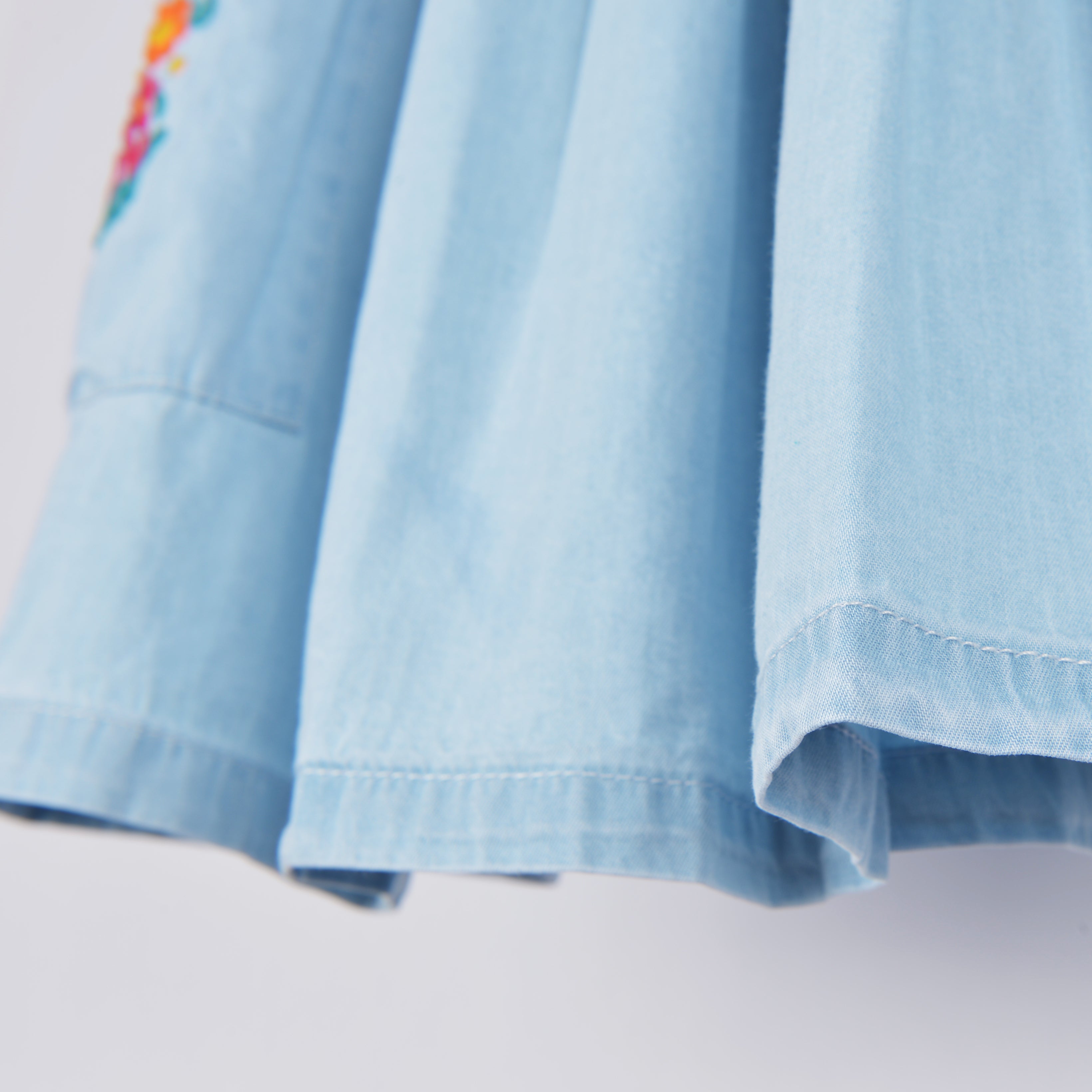 Girls Denim Blue Cotton Embroidered Skirt